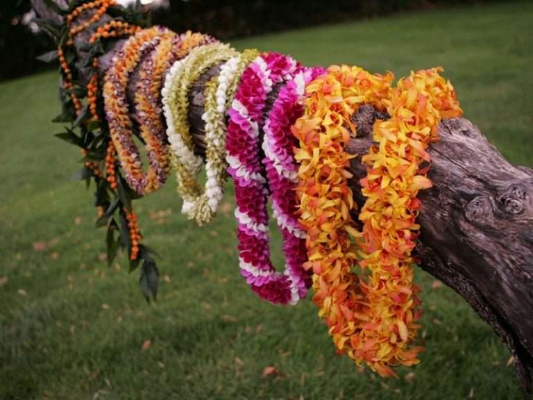 A row of colorful hawaiian leis hanging on a tree.