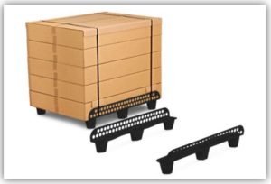 A pallet with boxes and a rack of bars.