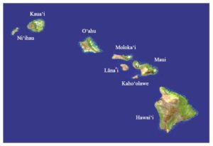 A map of the hawaiian islands with names on it.