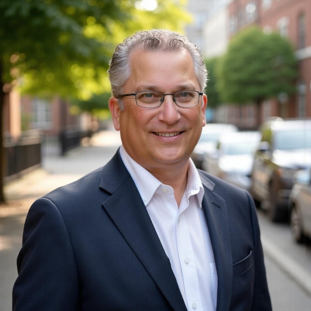 Smiling man in a suit outdoors.