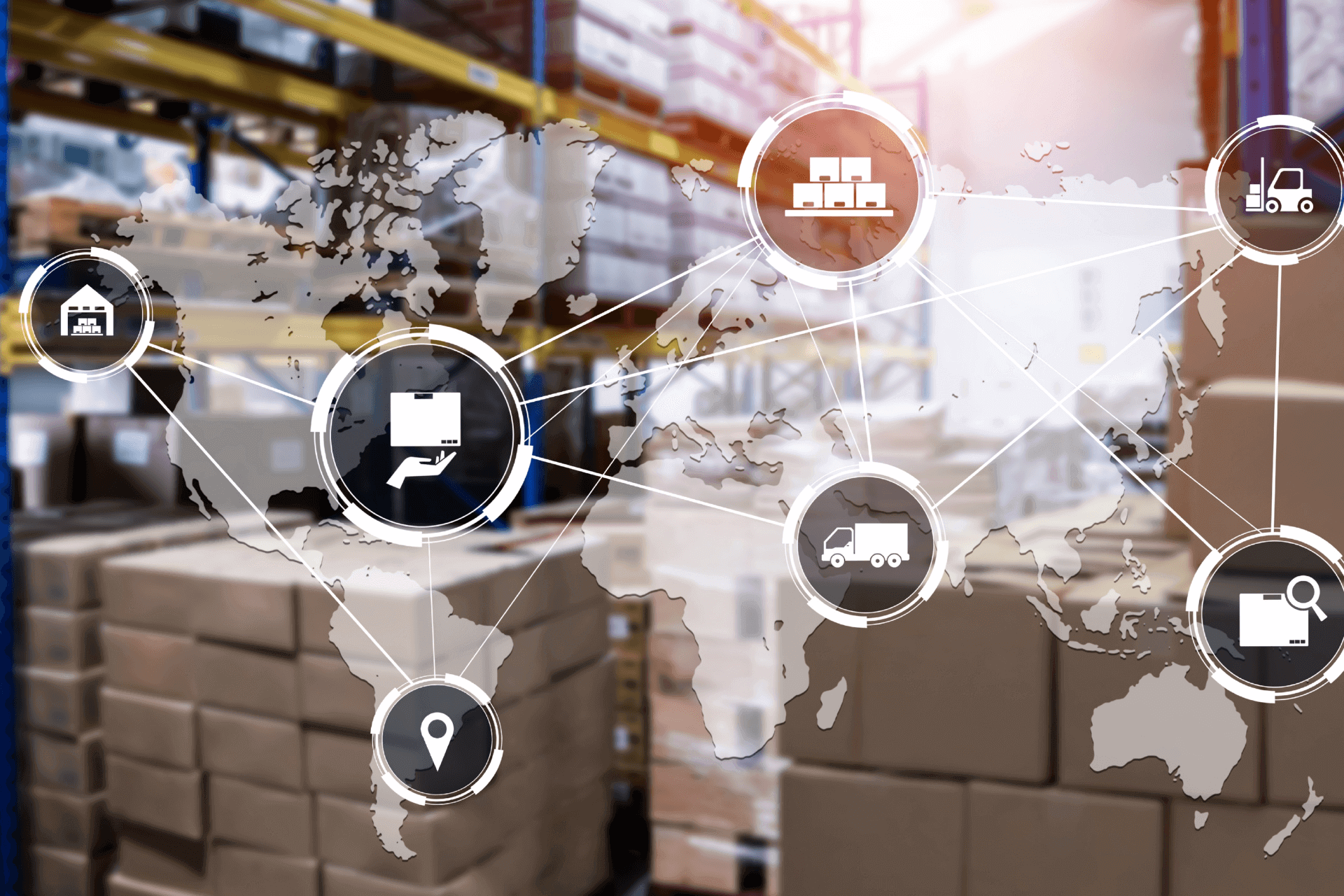 Global logistics network overlaying a warehouse setting.