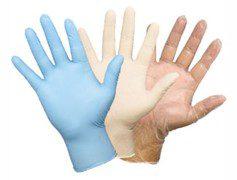 Various disposable gloves in different colors.