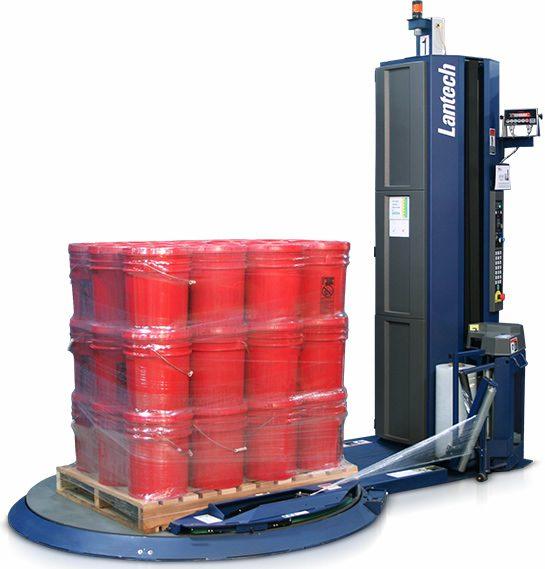 Pallet of red barrels on a stretch wrapper.