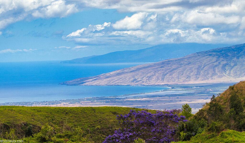 Scenic coastal view with hills and clouds.